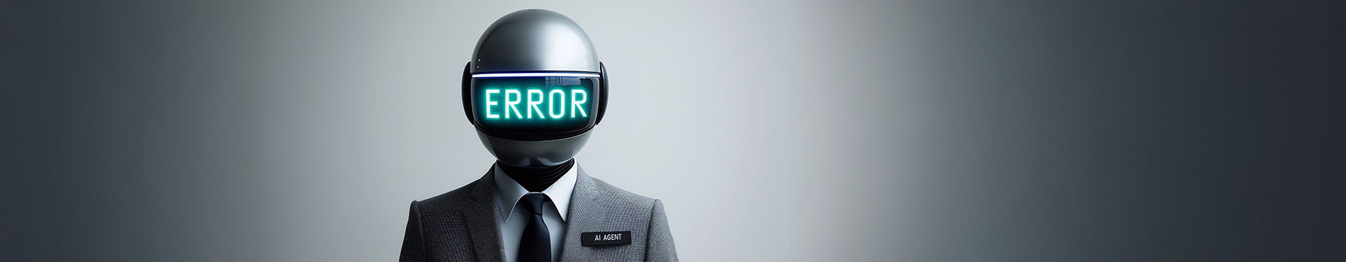 Ein Roboter in Anzug mit Fehleranzeige drückt das Gefühl von Technologieversagen und Unbehagen aus.