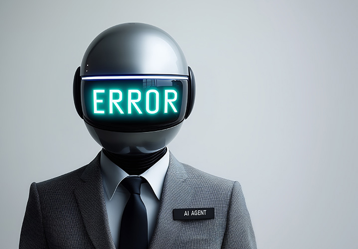 Ein humanoider Roboter im Anzug mit dem Schriftzug 'ERROR' auf dem Kopf, vermittelt eine futuristische und fehlerhafte Stimmung.